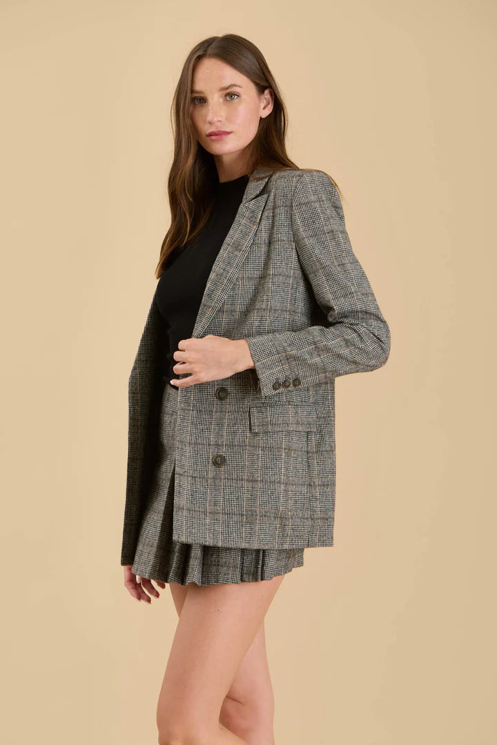 Plaid Front Button Blazer - Charcoal