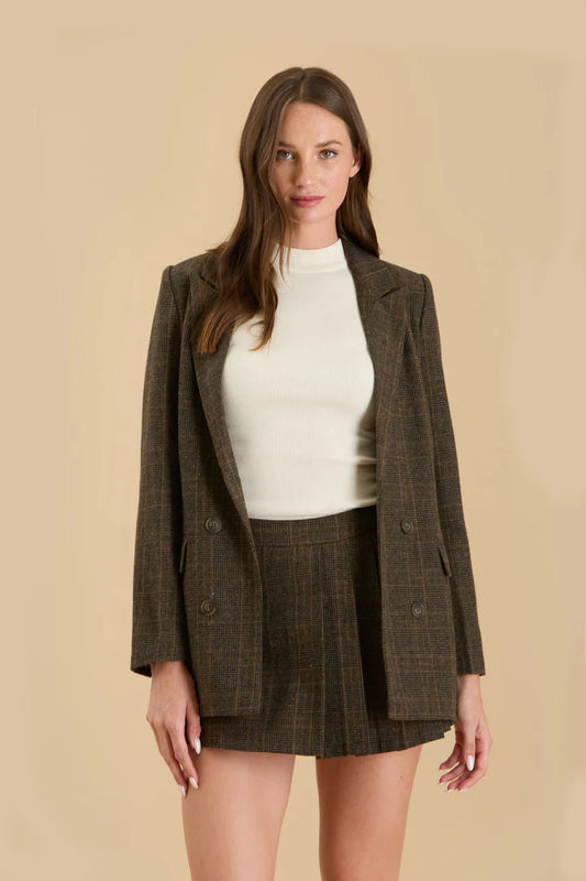 Plaid Front Button Blazer - Dark Mocha