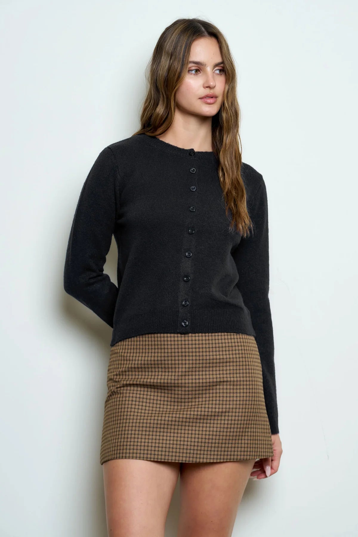 Solid Button Up Cardigan - Black