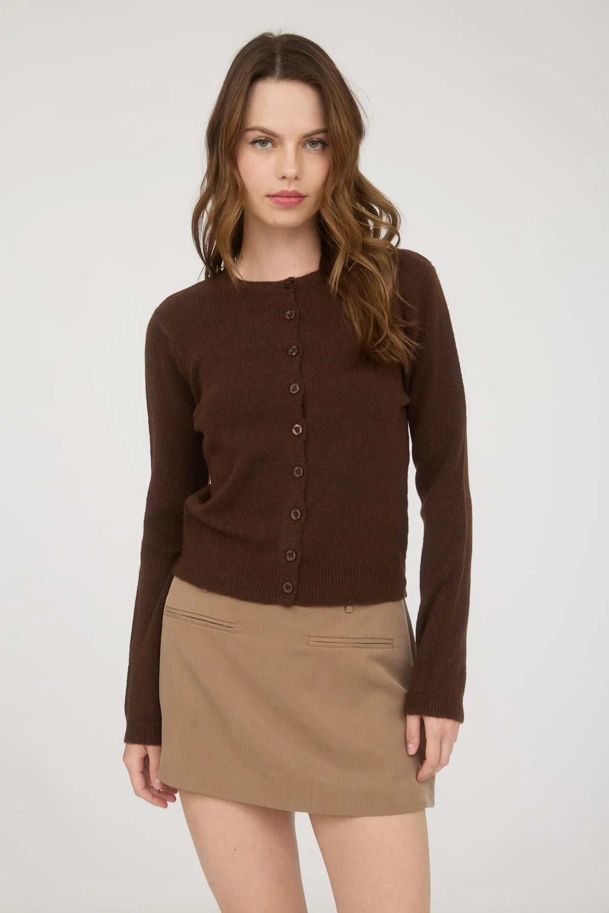 Solid Button Up Cardigan - Brown