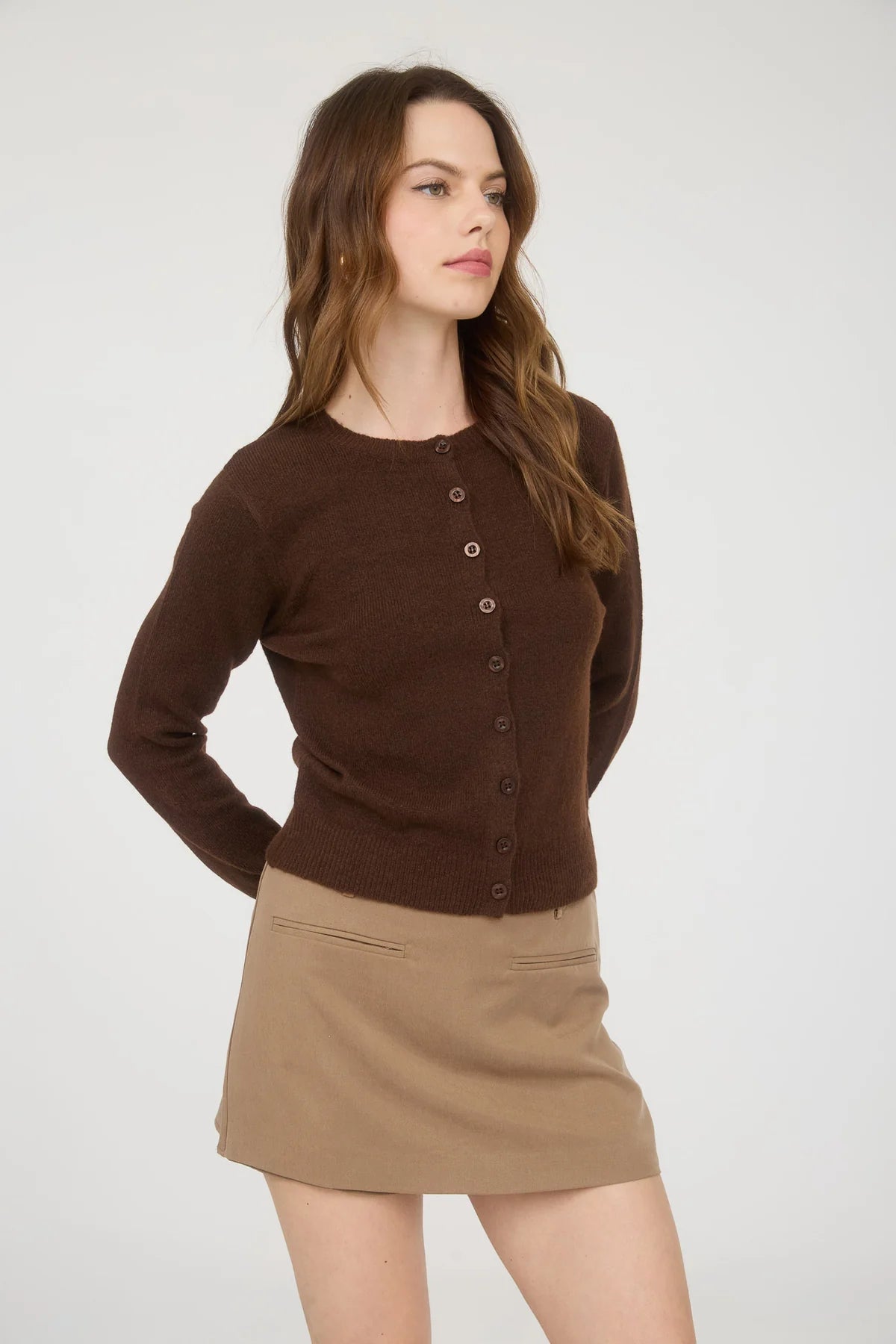 Solid Button Up Cardigan - Brown