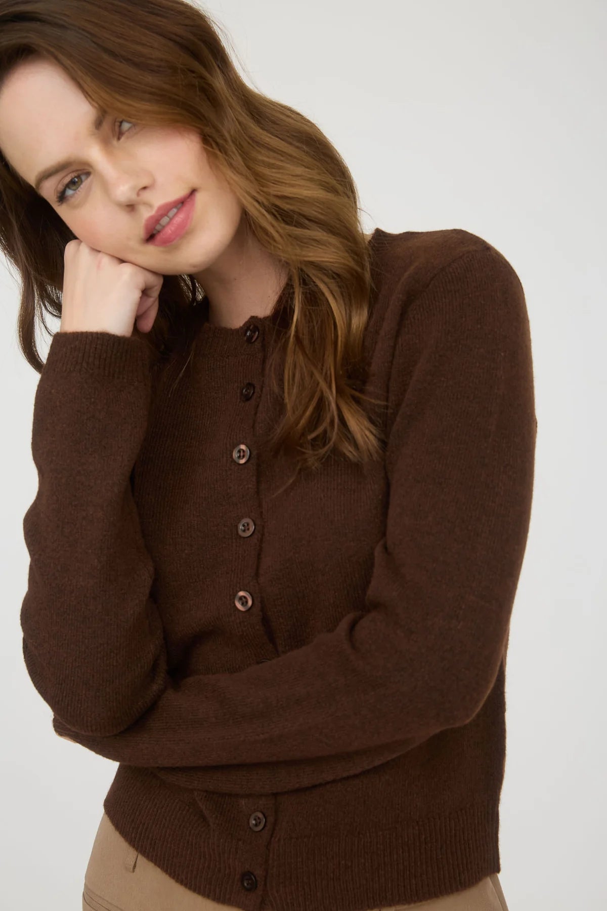 Solid Button Up Cardigan - Brown