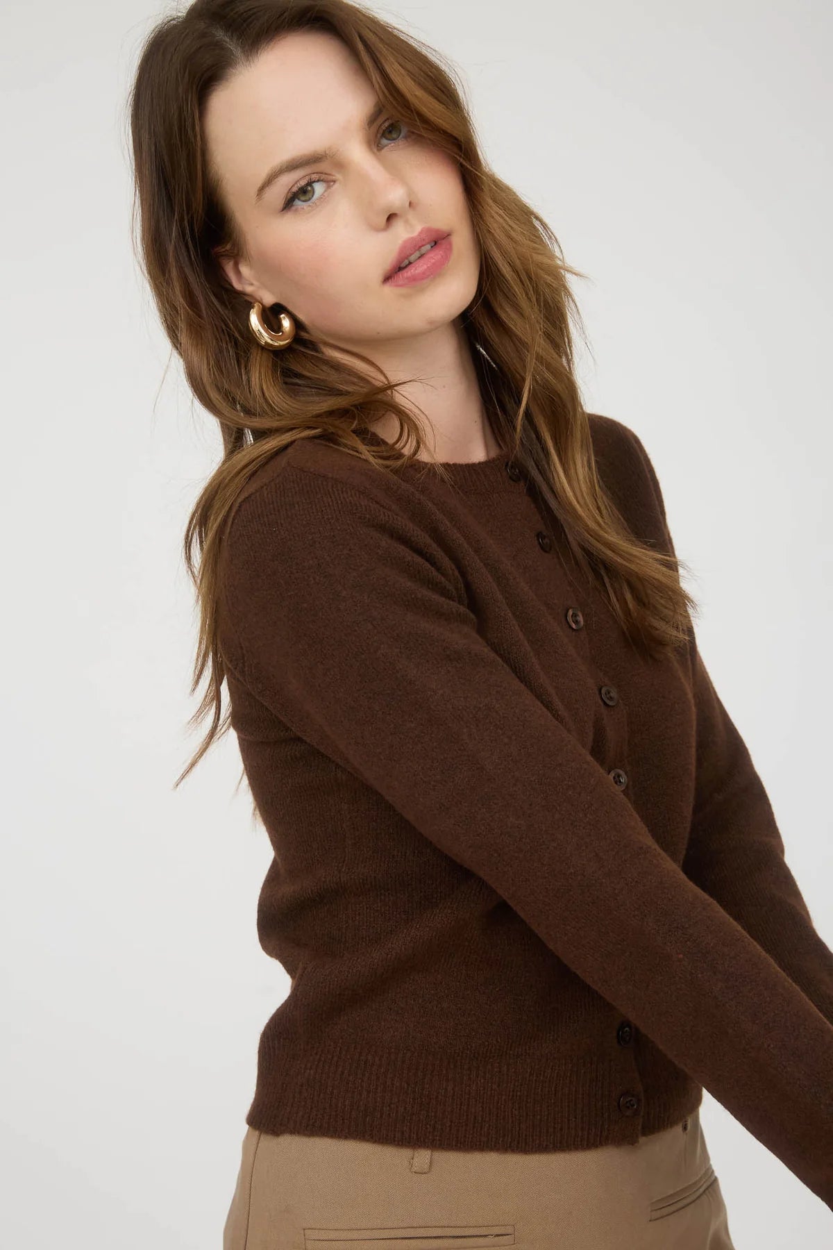 Solid Button Up Cardigan - Brown