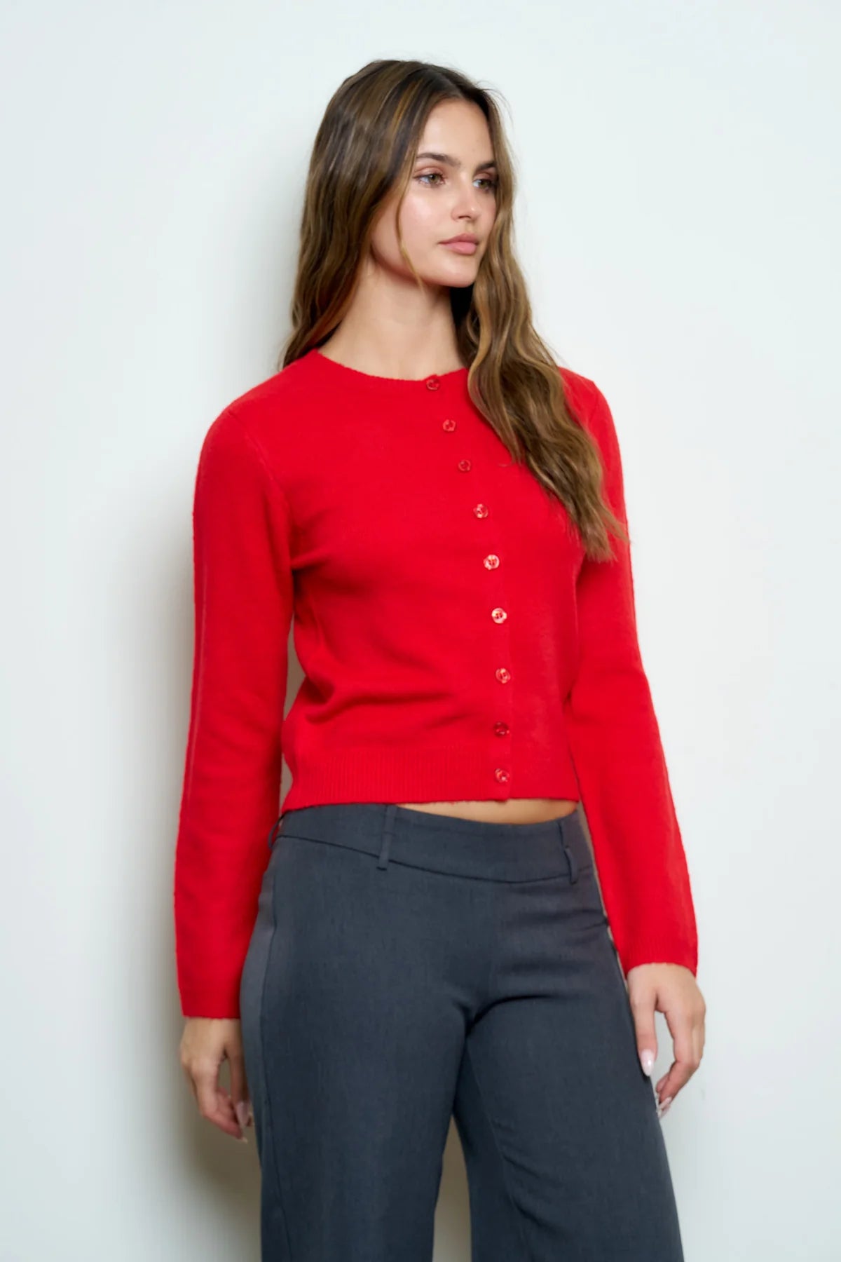 Solid Button Up Cardigan - Red