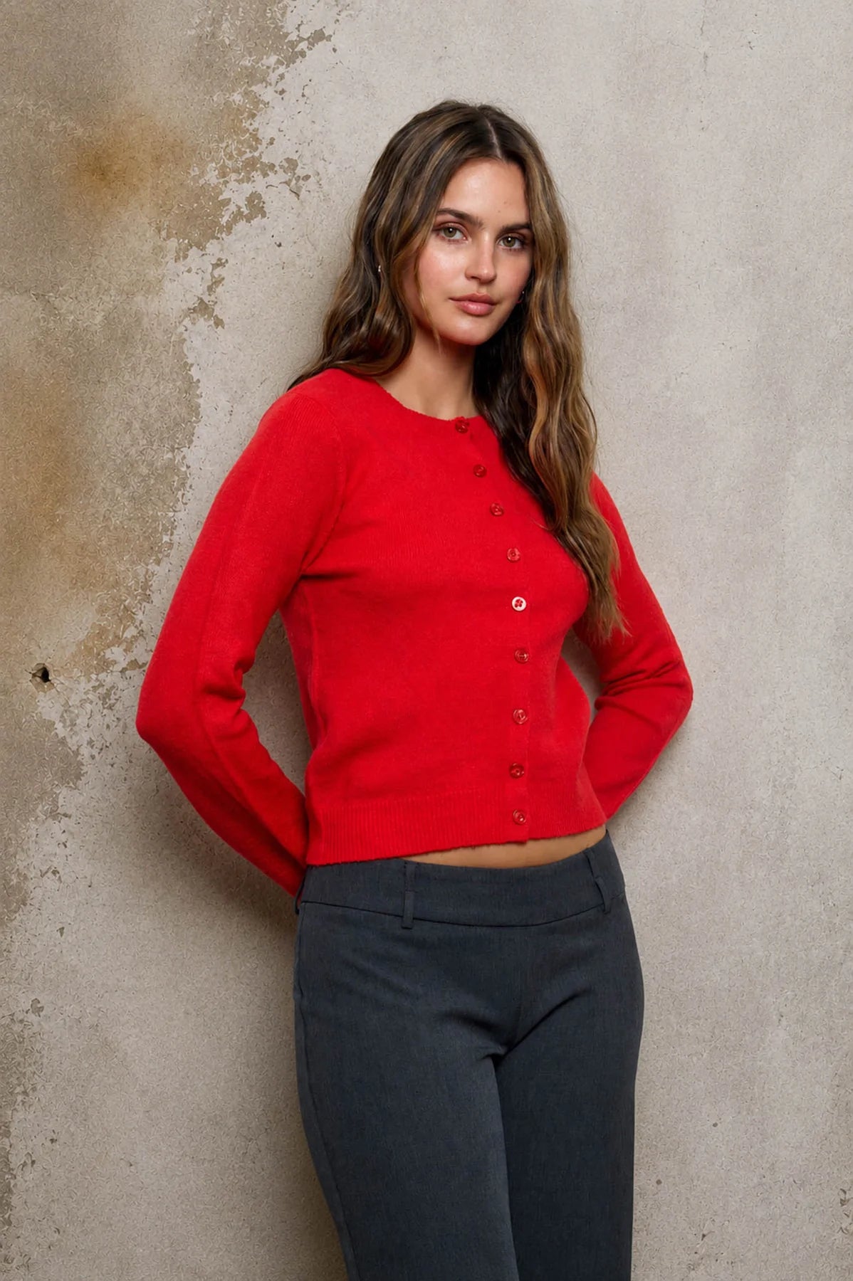 Solid Button Up Cardigan - Red