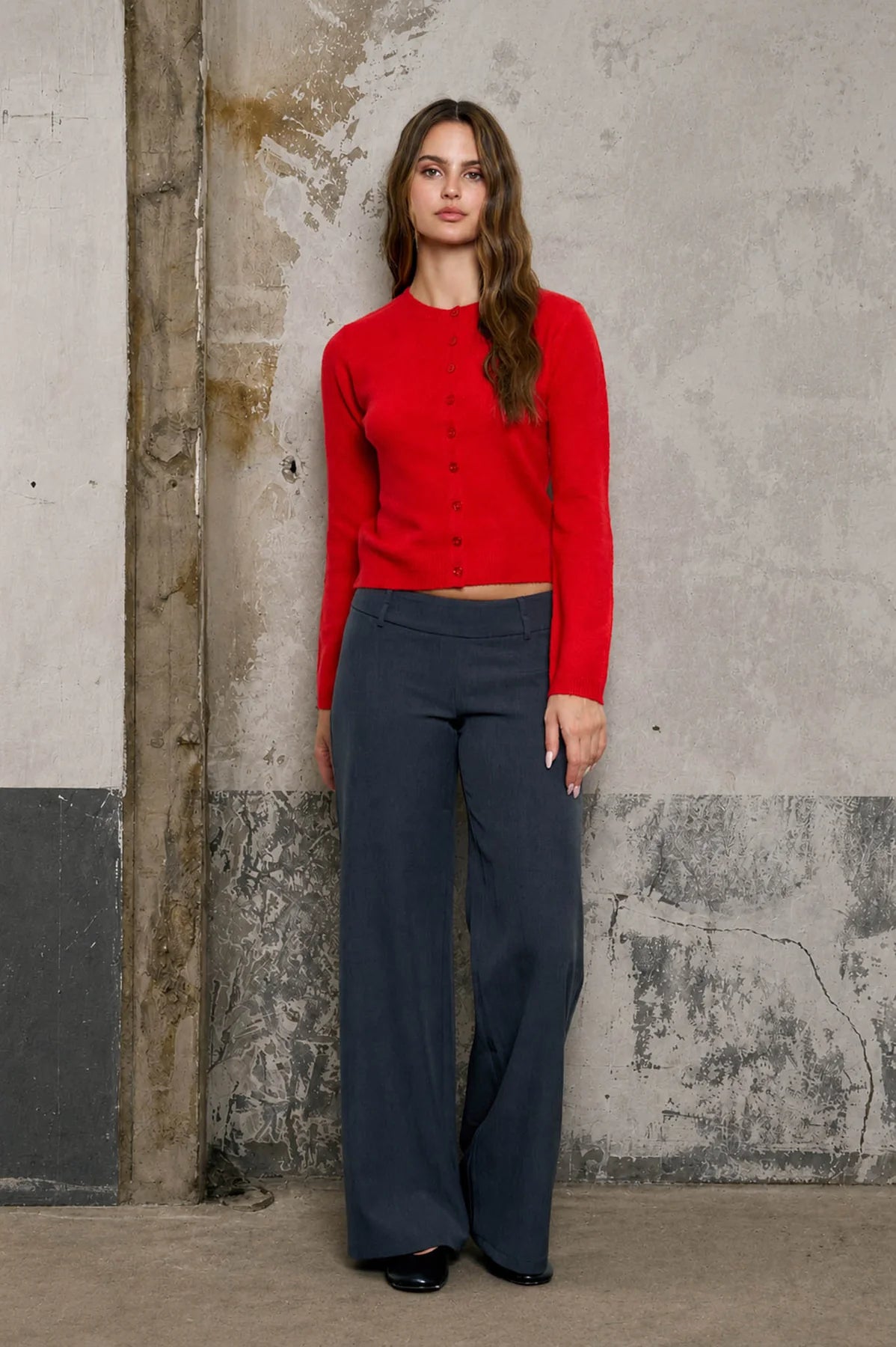 Solid Button Up Cardigan - Red