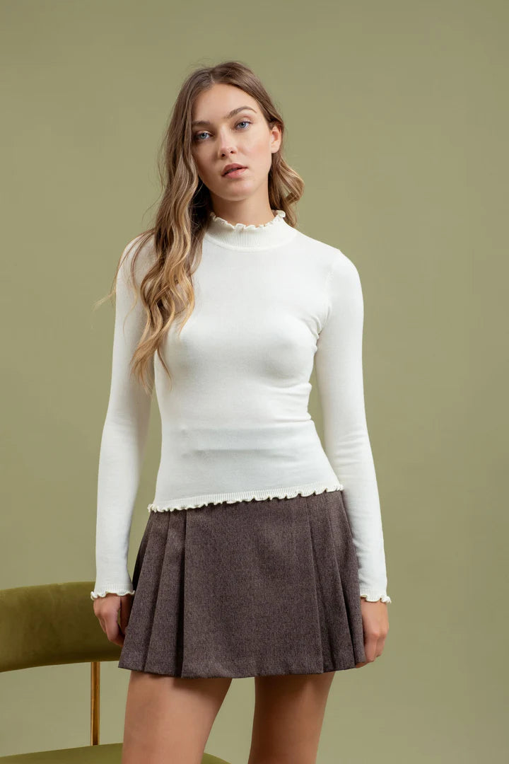 Lettuce Trim Mock Neck Sweater - Cream