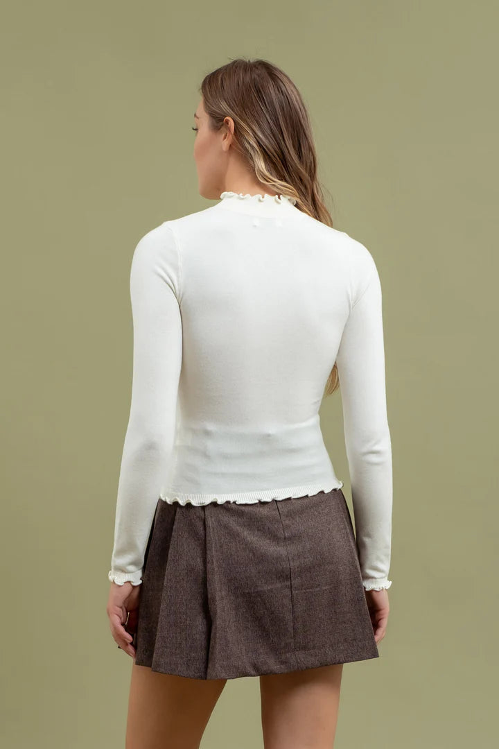 Lettuce Trim Mock Neck Sweater - Cream
