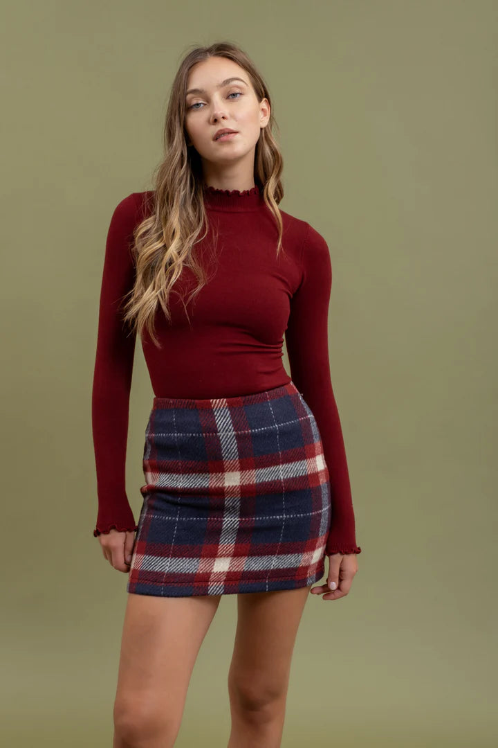 Lettuce Trim Mock Neck Sweater - Wine Red