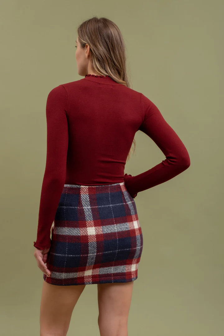 Lettuce Trim Mock Neck Sweater - Wine Red