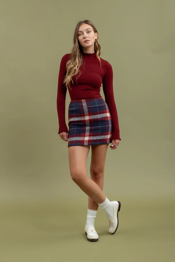 Lettuce Trim Mock Neck Sweater - Wine Red