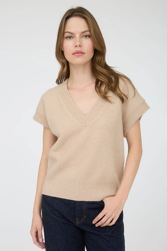 Solid V Neck Sweater - Light Khaki