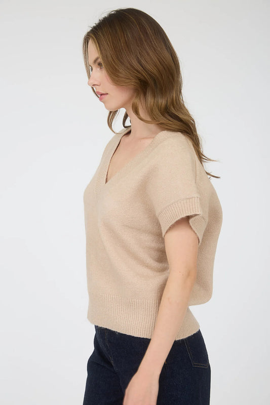 Solid V Neck Sweater - Light Khaki