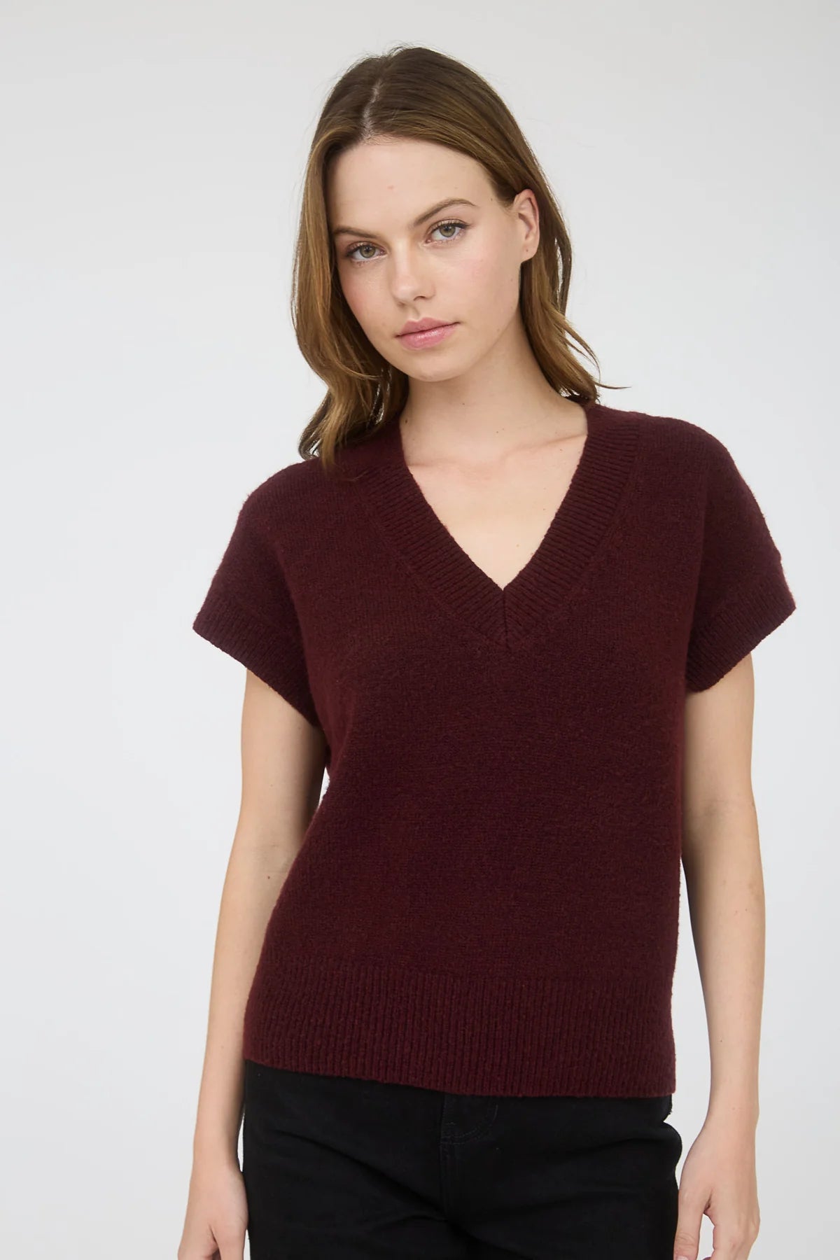 Solid V Neck Sweater - Red Wood