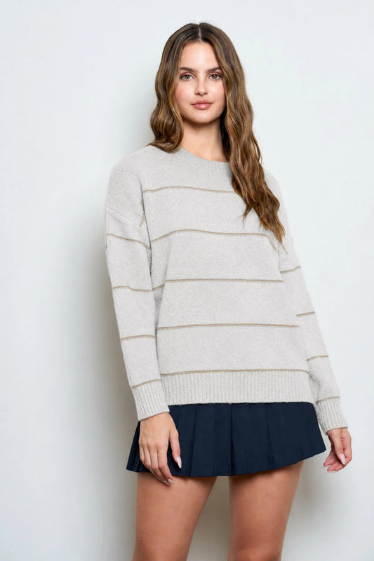 Striped Oversized Pullover Sweater - Oatmeal