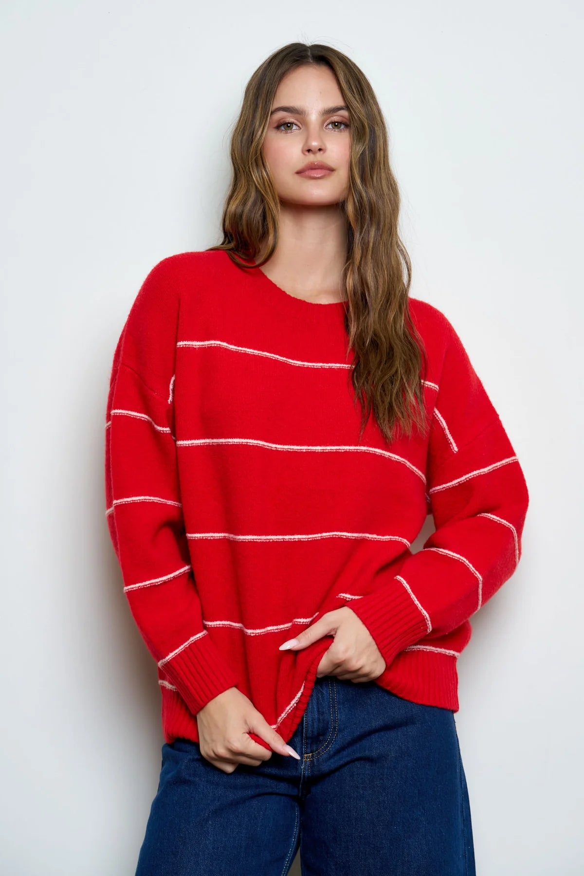 Striped Oversized Pullover Sweater - Red