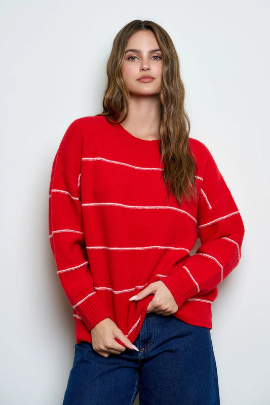 Striped Oversized Pullover Sweater - Red