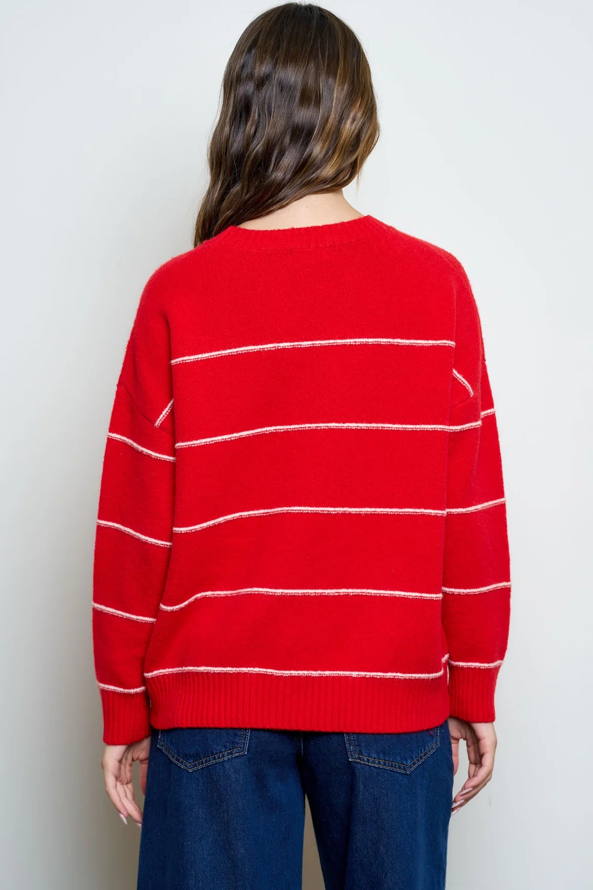 Striped Oversized Pullover Sweater - Red