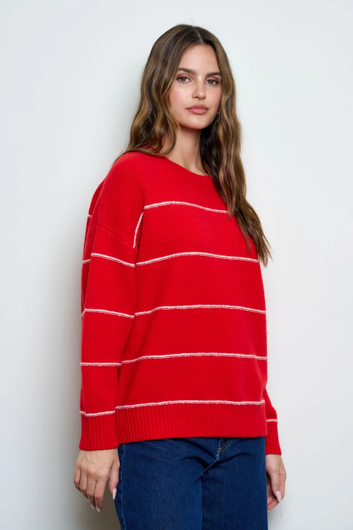 Striped Oversized Pullover Sweater - Red