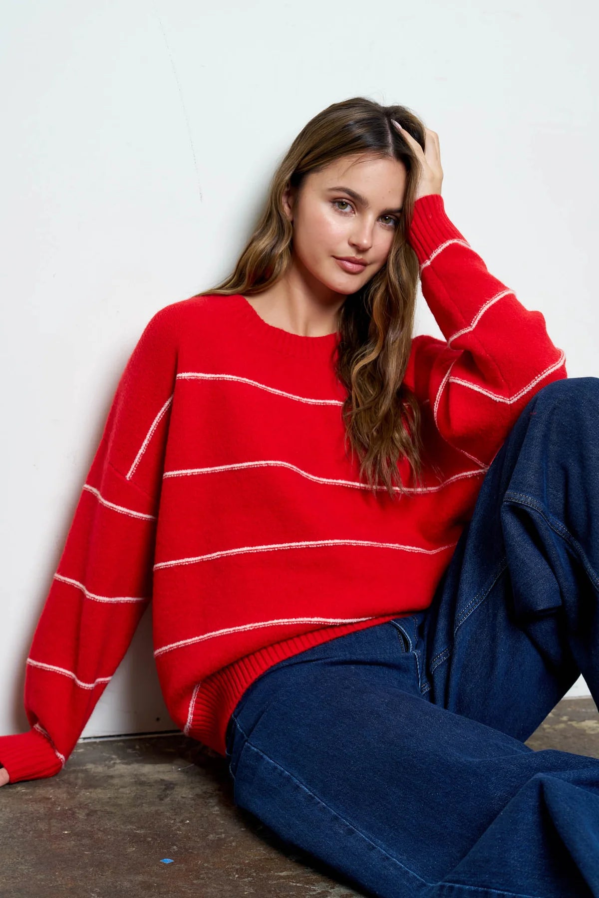 Striped Oversized Pullover Sweater - Red