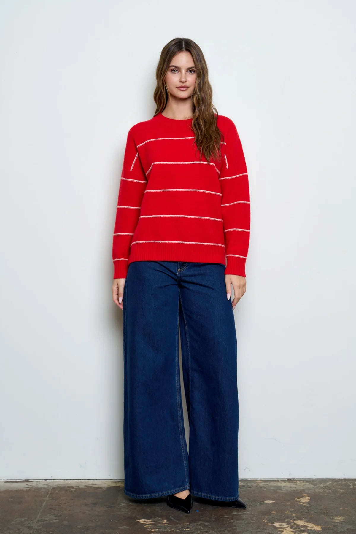 Striped Oversized Pullover Sweater - Red
