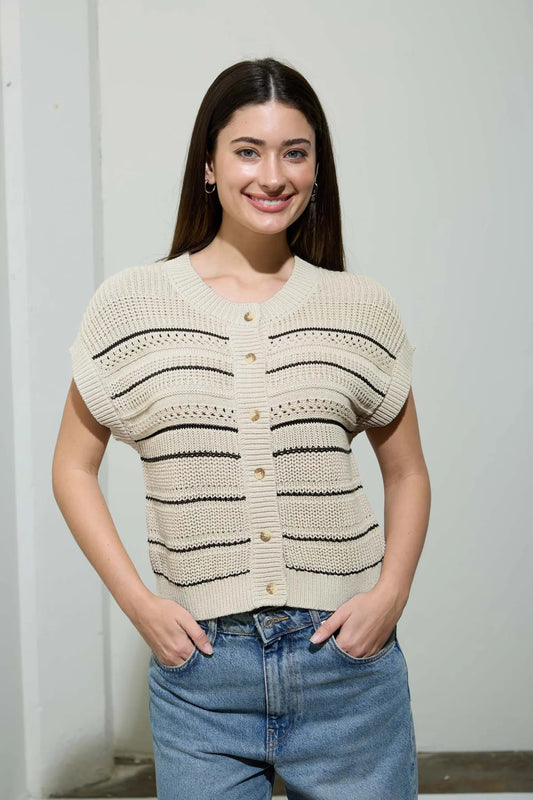 Open-Knit Striped Cardigan Top