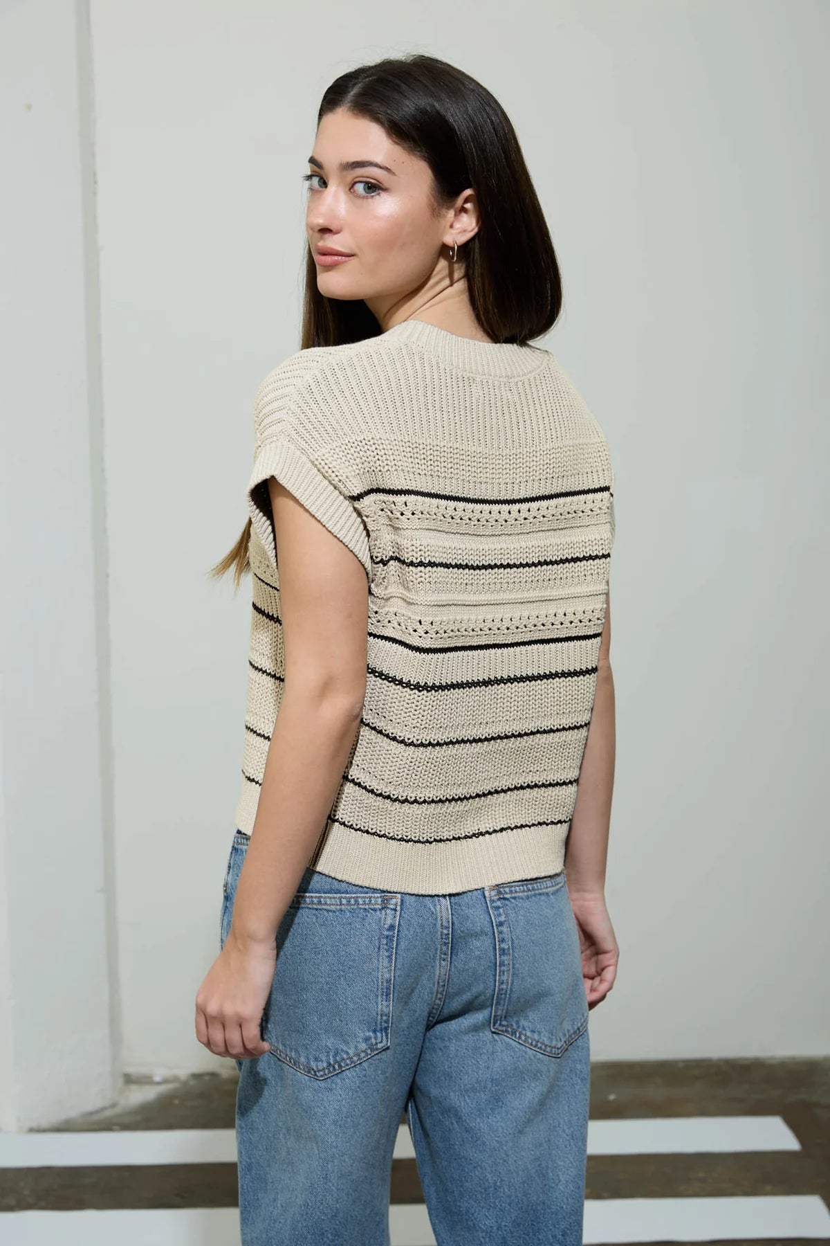 Open-Knit Striped Cardigan Top
