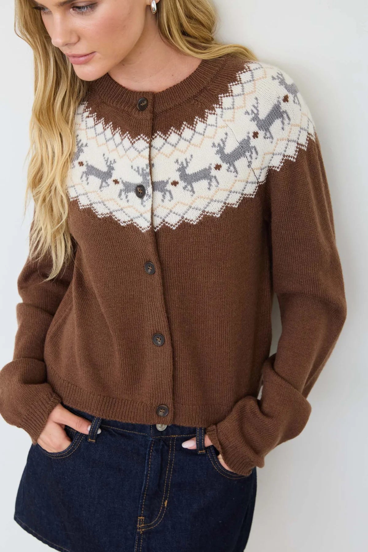 Reindeer Fair Isle Cardigan - Brown
