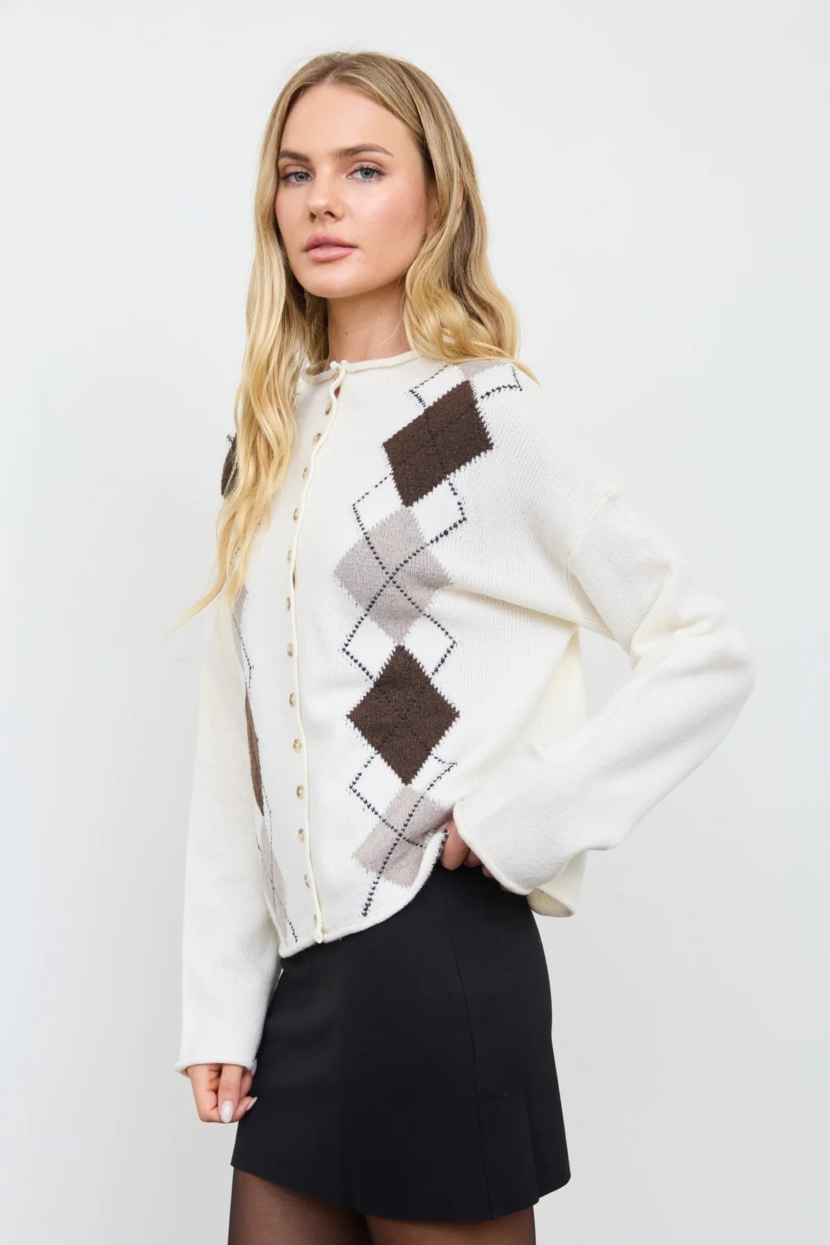 Argyle Mock Neck Cardigan