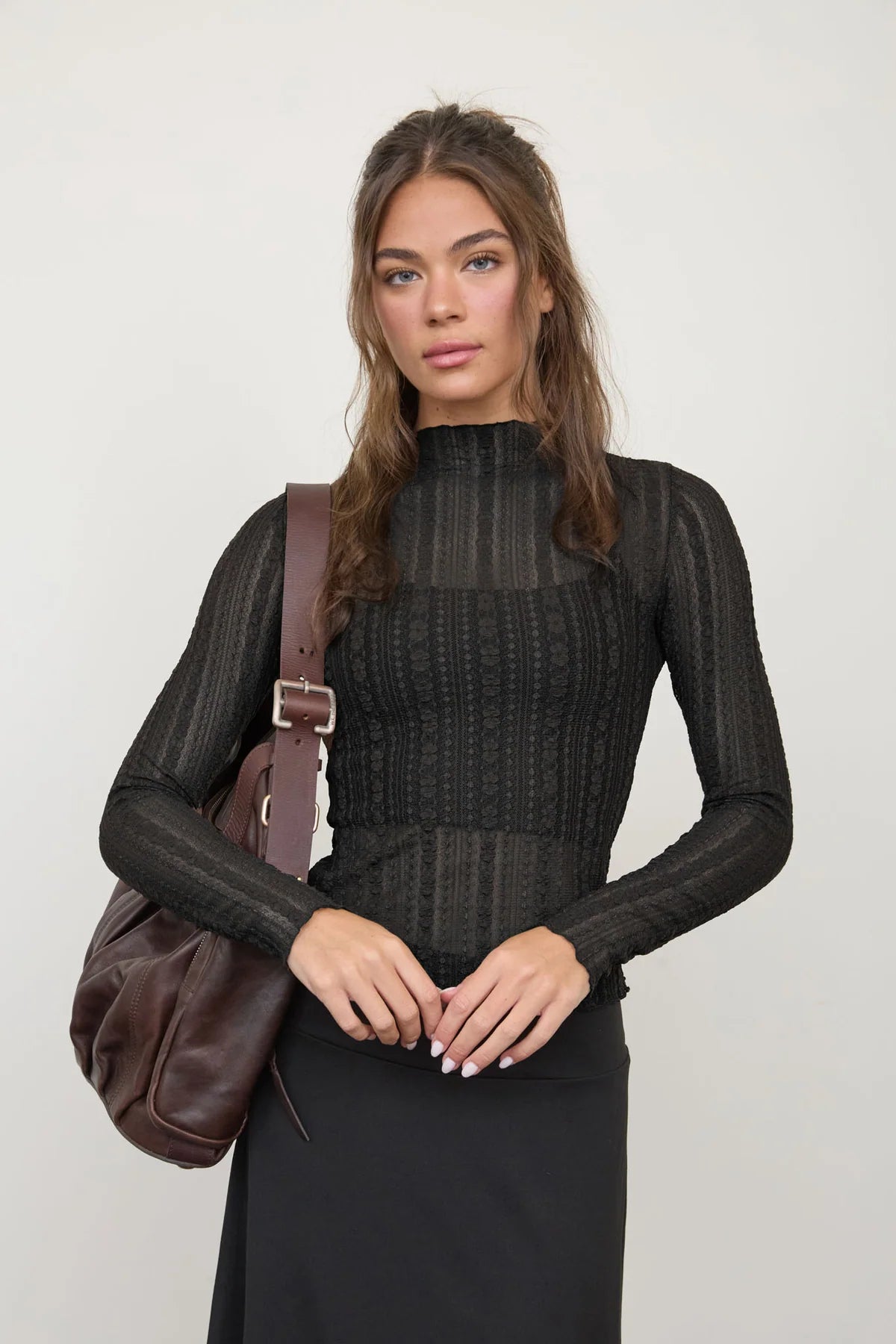 Sheer Striped Lace Top - Black