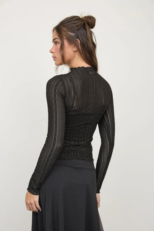 Sheer Striped Lace Top - Black