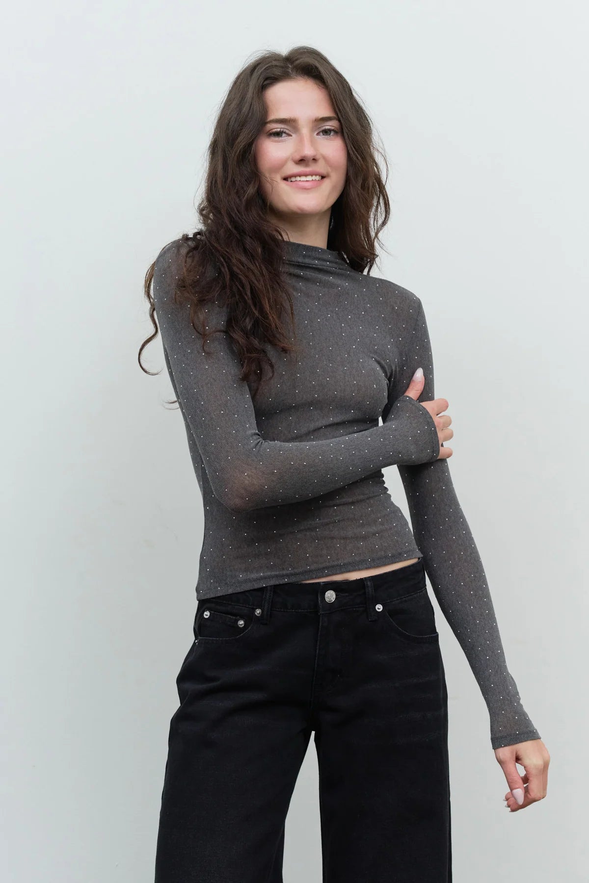 Rhinestone Sheer Top - Charcoal