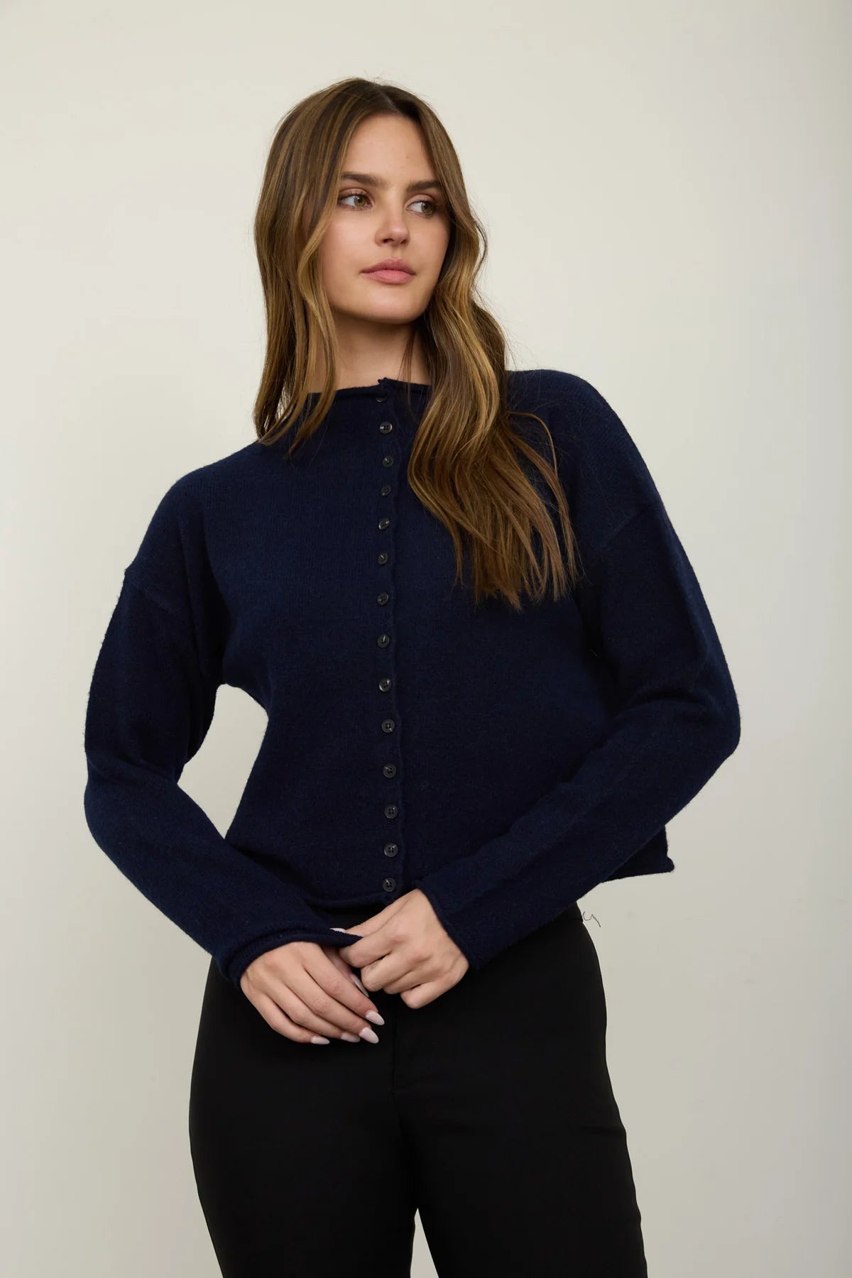 Raw Edge Mock Neck Cardigan