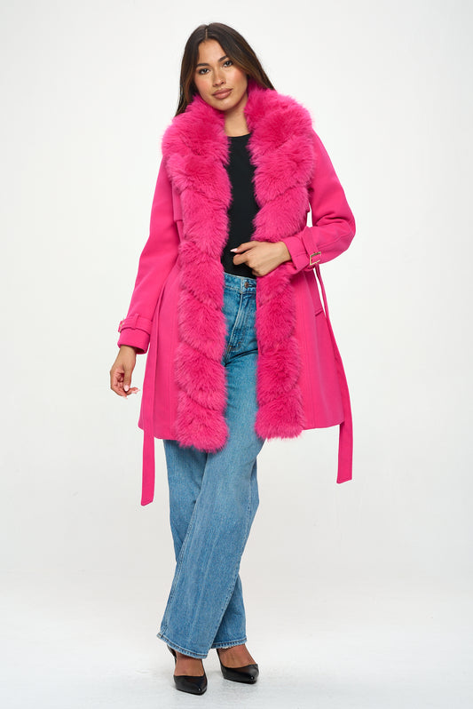 Faux Fur Trim Trench Coat