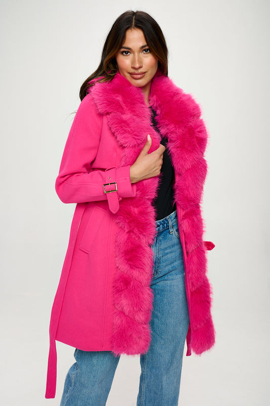 Faux Fur Trim Trench Coat