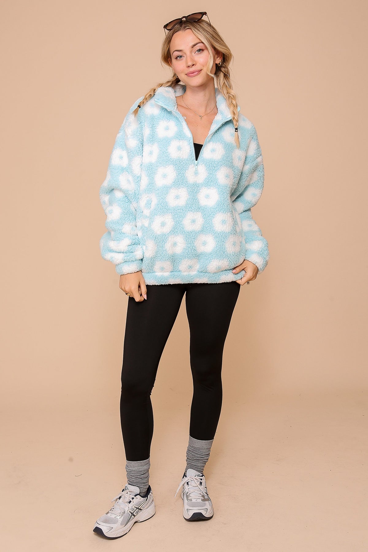 Daisy Print Sherpa Jacket - Baby Blue