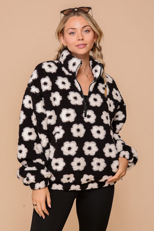 Daisy Print Sherpa Jacket - Black