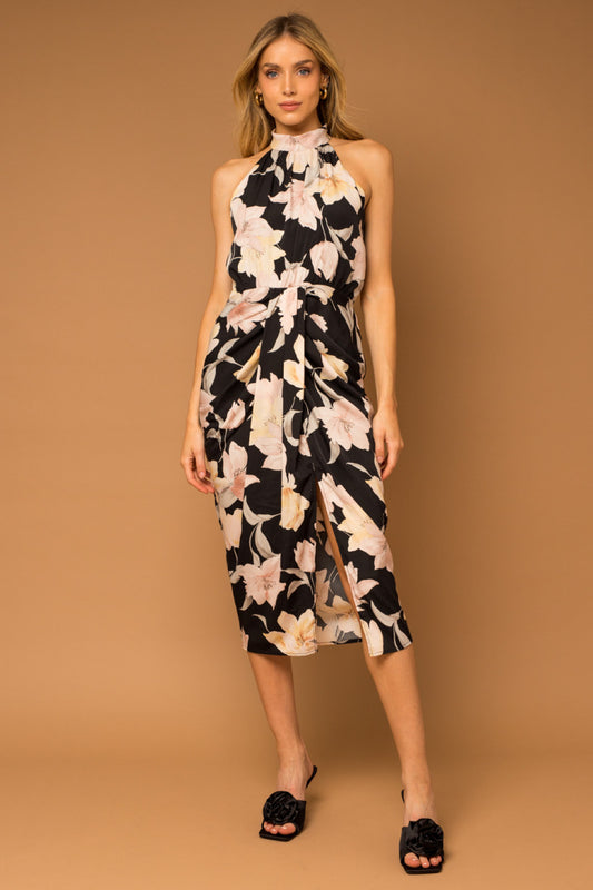 Floral Print Side Slit Halter Dress