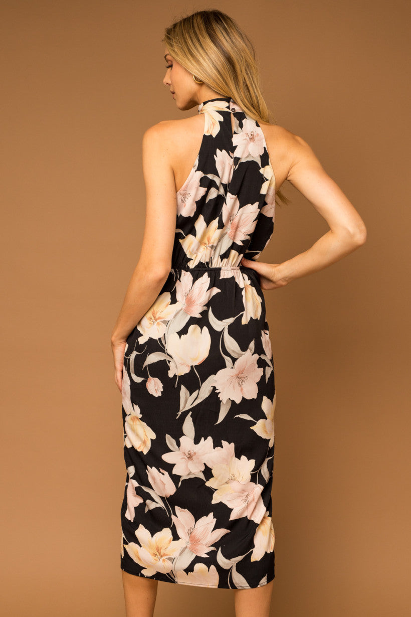 Floral Print Side Slit Halter Dress