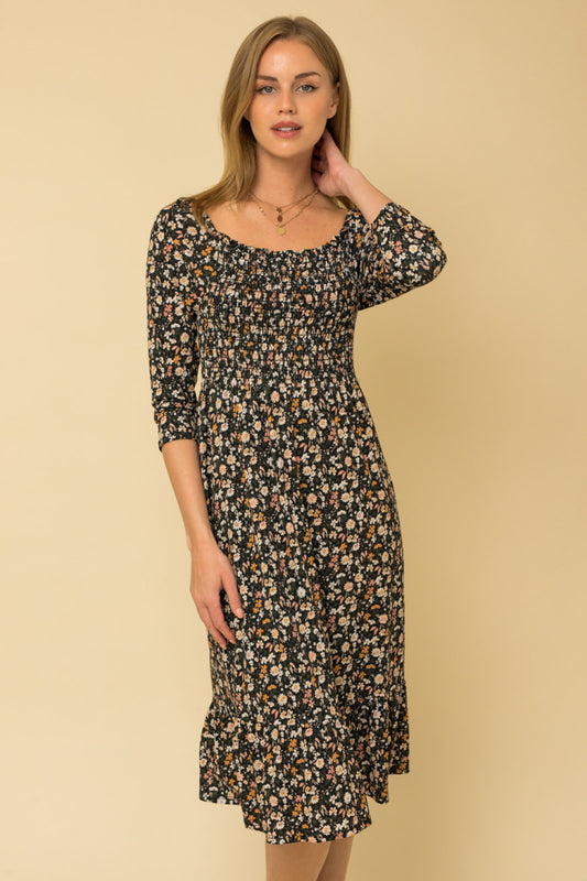 Smocked 3/4 Sleeve Floral Print Dress