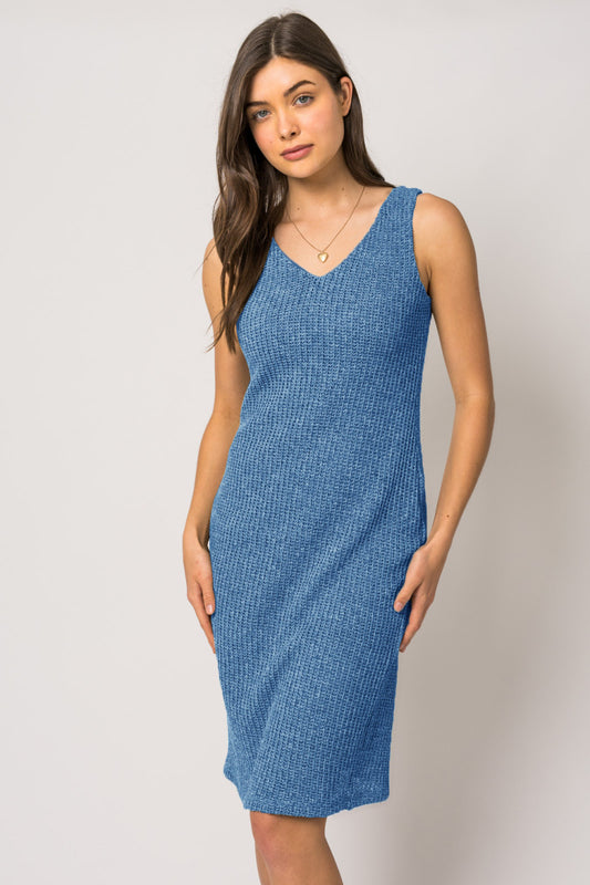 V-Neck Textured Dress - Denim