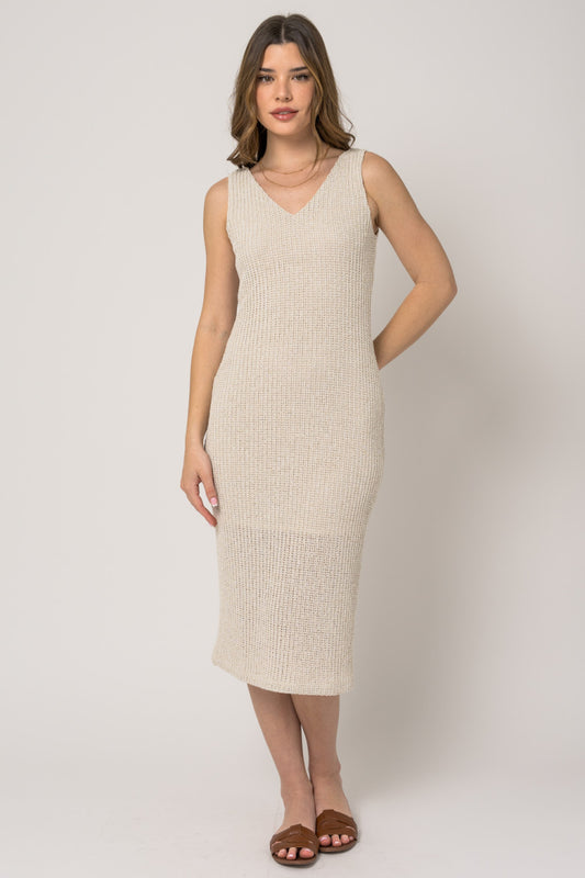 V-Neck Textured Dress - Natural