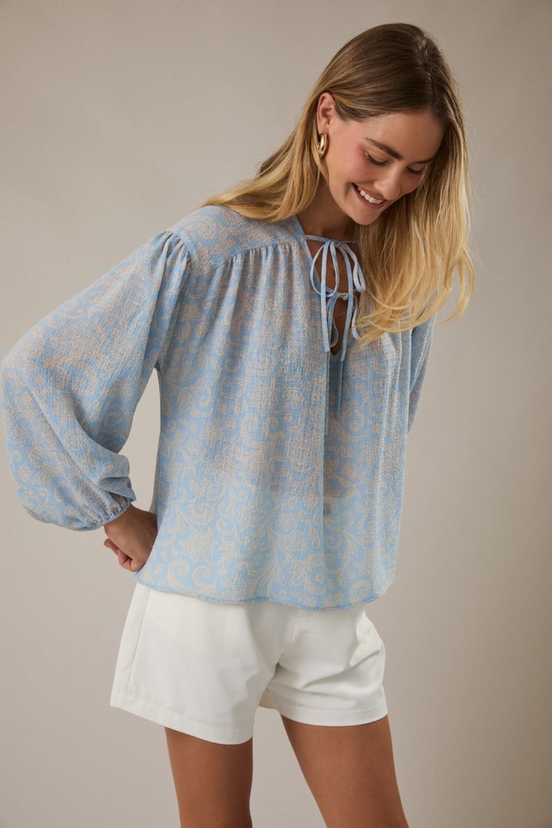 Paisley Tie-Neck Long Sleeve Top