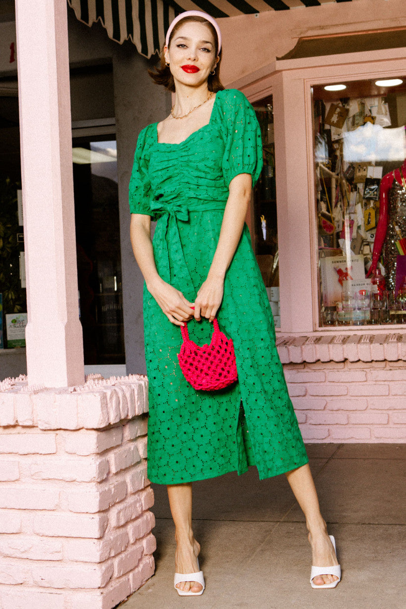 Eyelet Ruched Green Dress