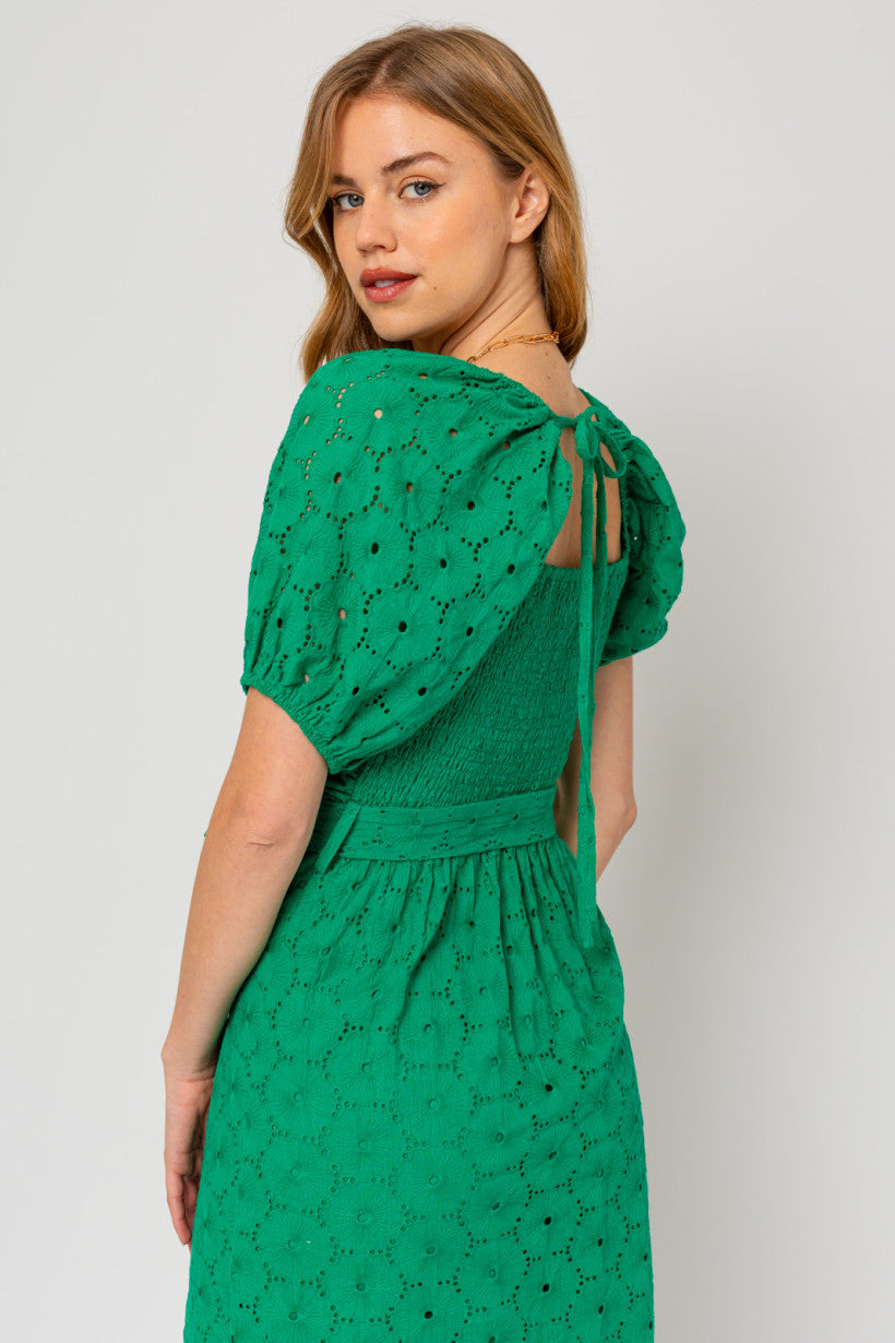 Eyelet Ruched Green Dress