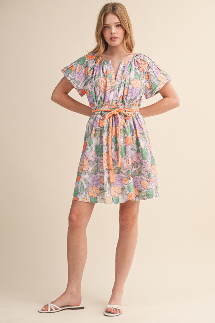 Floral Rope-Tie Mini Dress