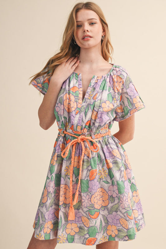 Floral Rope-Tie Mini Dress