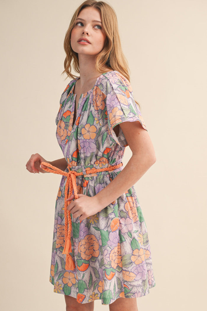 Floral Rope-Tie Mini Dress