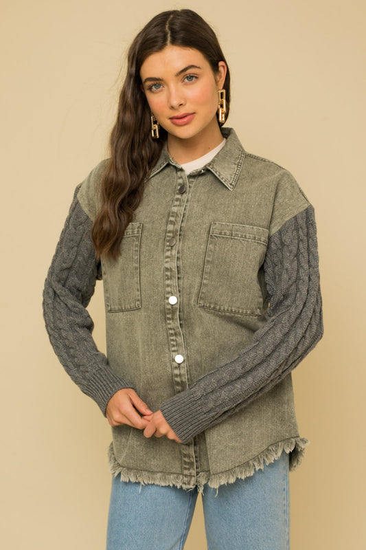 Cable Knit Sleeve Fringe Hem Shacket