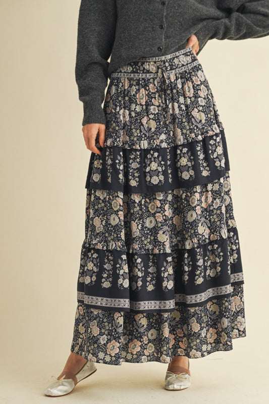Black Floral Ruffle Skirt